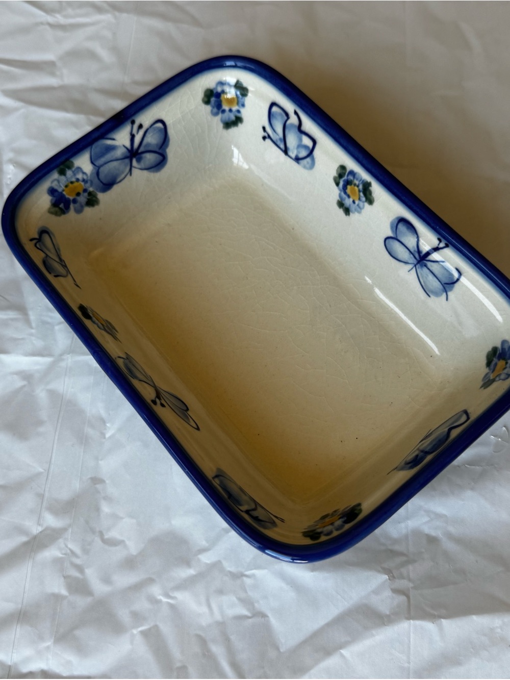 Vintage Polish Pottery Unikat Ceramic Butterfly Baking Dish in Blue